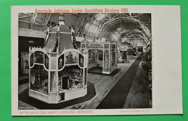 AK Nürnberg / 1906 / Ganzsache / bayerische Jubiläums Ausstellung / Mittelhalle Industrie Gebäude / Pavillon Ausstellungsflächen Waren